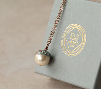 Verdigris Pearl Gold Acorn Earrings, 8 of 10