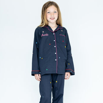 Personalised Girl's Christmas Embroidered Multi Star Cotton Pyjamas, 2 of 5