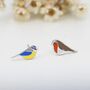 Mismatched Robin And Blue Tit Bird Stud Earrings In Sterling Silver, thumbnail 2 of 12