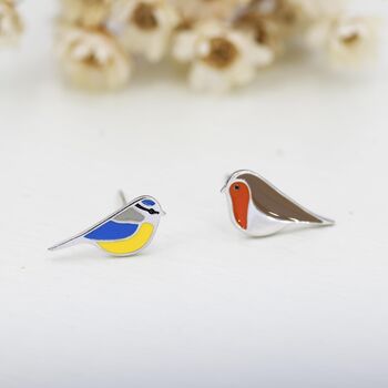 Mismatched Robin And Blue Tit Bird Stud Earrings In Sterling Silver, 2 of 12