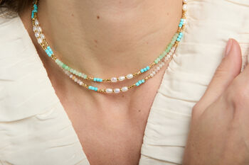 Clara Necklace With Turquoise, Pink Quartz And Pearls, 4 of 5