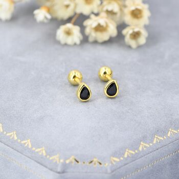 Sterling Silver Extra Tiny Black Cz Droplet Screw Back Earrings, 4 of 10