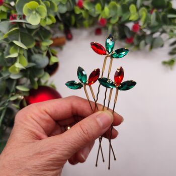 Christmas Red And Green Crystal Hair Pin Set Of Three, 5 of 12