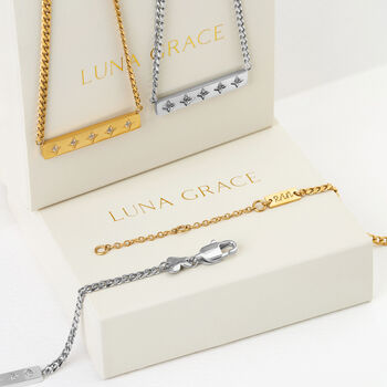 Personalised Sparkling Petite Cosmic Star Bar Necklace In Gold, 2 of 12