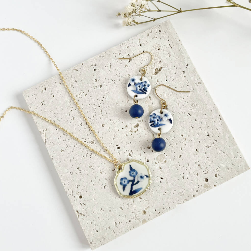 Handmade Clay Blue Floral Jewellery Gift Set, 1 of 5
