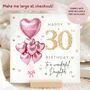 Daughter 30th Luxury Birthday Card Gift Pink Balloon Glitter Effect With Handmade Gems Option, thumbnail 1 of 2