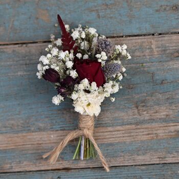 Set Of Three Wedding Dried Flower Dainty Buttonholes Meadow Reds, 4 of 4