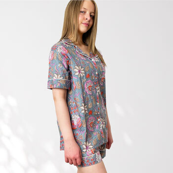 Floral 100% Cotton Ladies Pyjama Short Set In Grey And Pink, 4 of 9
