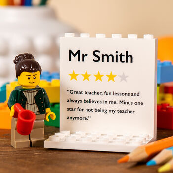 Personalised Teacher Minifig Gift, Custom Lego® Brick Teacher Appreciation Gift With Star Rating And Personalised Message, 2 of 11