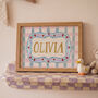 Personalised Baby Name Print With Folk Art Border, thumbnail 1 of 12