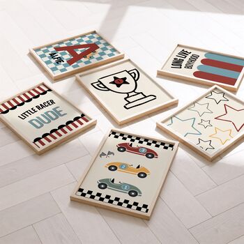 Boys Set Of Six Gallery Wall Personalised Racing Car Themed Prints, 4 of 5