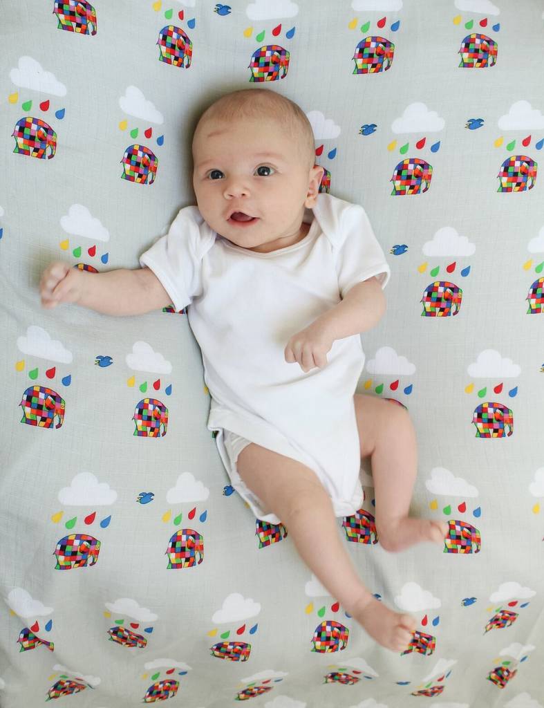 elmer in the rain baby swaddle muslin by lil' cubs