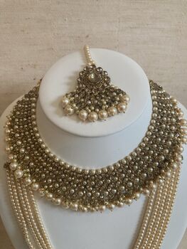 Indian Antique Gold Plated Pearl Mala Set, 4 of 9