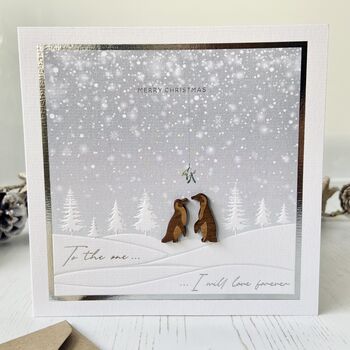 Penguin Couple Mistletoe Snowy Love Christmas Card, 4 of 10