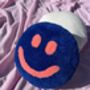 Handmade Tufted Blue And Coral Smiley Face Cushion, thumbnail 3 of 5