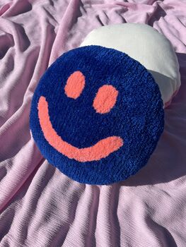 Handmade Tufted Blue And Coral Smiley Face Cushion, 3 of 5