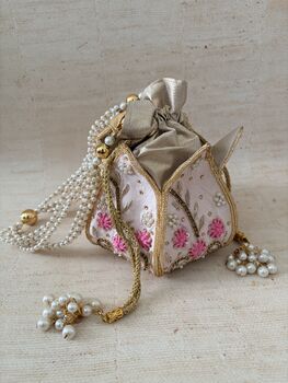 Pink Handcrafted Raw Silk Potli Bag/Wrist Bag, 6 of 8