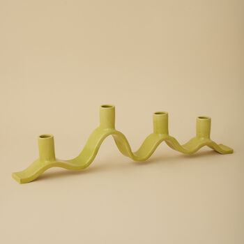 Handmade Chartreuse Wavy Ceramic Candelabra For Four Candles, 5 of 9