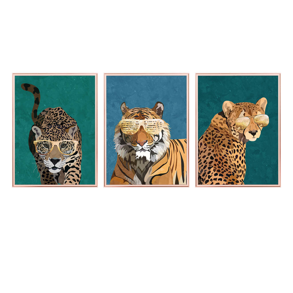 Framed Three Prints Big Cat Blue Tiger Cheetah Jaguar By Sarah Manovski Art  