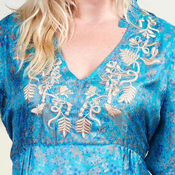 Zaria Blue Silk Print Embroidered Dress 21, 3 of 3