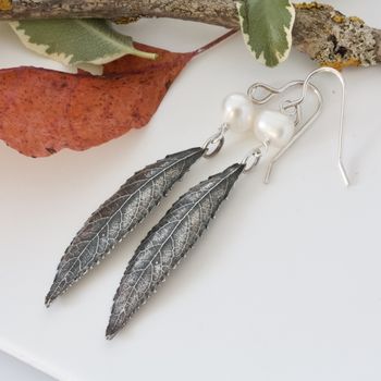 Sterling Silver Long Leaf And Pearl Boho Earrings, 6 of 7
