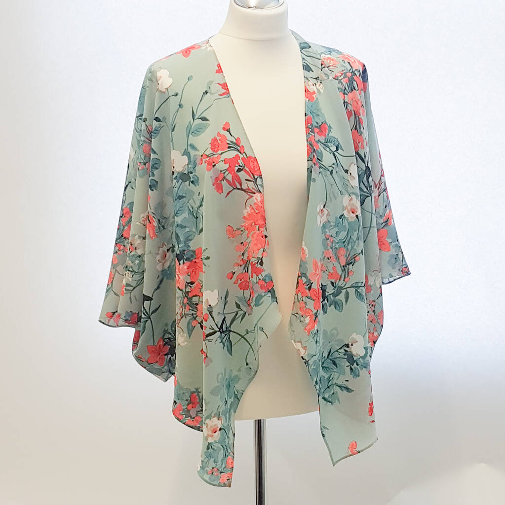 Duck Egg And Coral Floral Georgette Kimono Wrap, 1 of 3