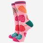 Women's Pink Tropical Leaf Print Bamboo Socks, thumbnail 2 of 4
