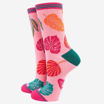Women's Pink Tropical Leaf Print Bamboo Socks, 2 of 4