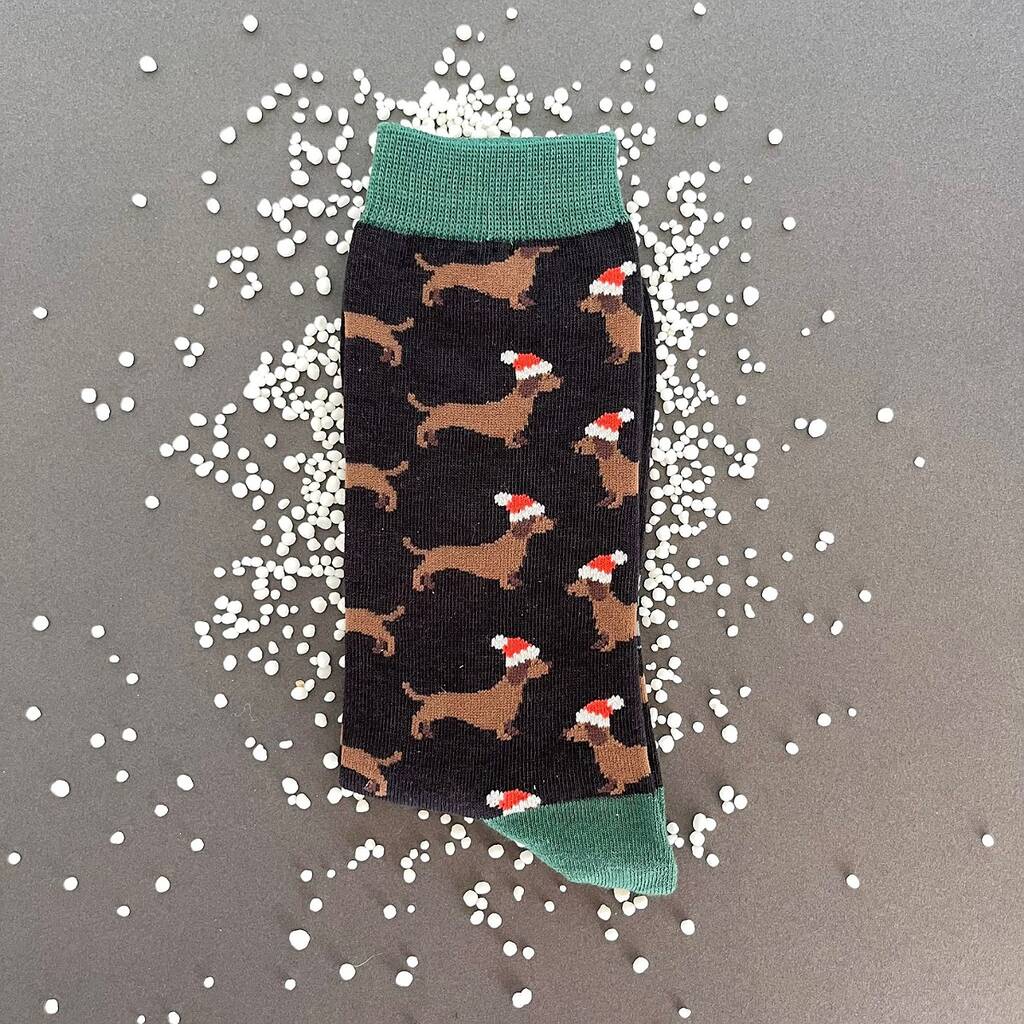 Mens Bamboo Sausage Dog Santa Socks In Black By Nest Gifts