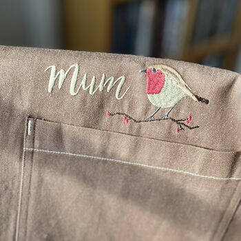 Personalised Fairtrade, Organic Denim Apron With Robin, 3 of 3