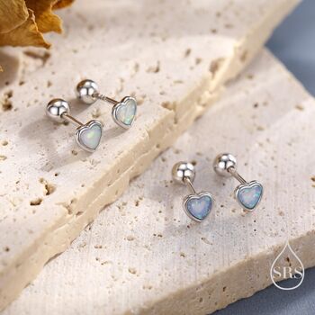 White Opal Heart Screw Back / Flat Back / Stud Earrings In Sterling Silver, 6 of 12