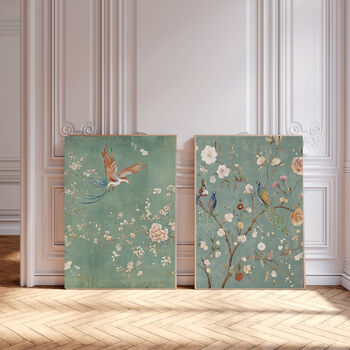 Set Of Two Chinoiserie Pastel Green Floral Bird Art Prints, 2 of 4