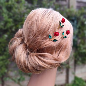 Handcrafted Red Rose Hair Pins Set Of Three, 5 of 8