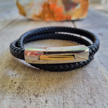 Mens Double Leather Bracelet With Gold And Silver Clasp, 7 of 7