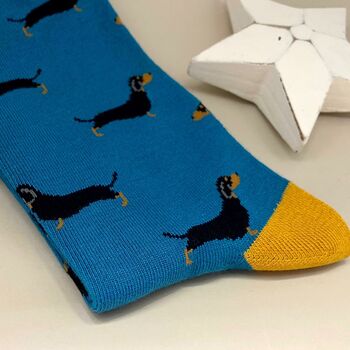 Men's Bamboo Little Sausage Dogs Socks In Teal, 2 of 2