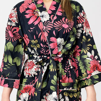 Black And Pink Flower Print Cotton Dressing Gown Kimono, 7 of 11
