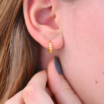 Mini Gold Leaf Huggie Hoop Earrings, 4 of 6