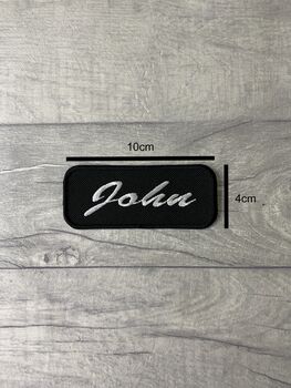 Vintage Style Brush Script Embroidered Name Black Patch, 2 of 5