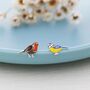 Sterling Silver Mismatched Robin Bird And Blue Tit Bird Stud Earrings, thumbnail 4 of 10