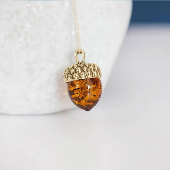 18ct Gold Plated Baltic Amber Acorn Necklace, 2 of 12