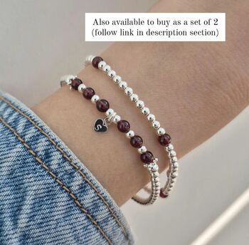 Sterling Silver January Garnet Beaded Bracelet: January Birthstone, Personalised Heart Charm, 7 of 8