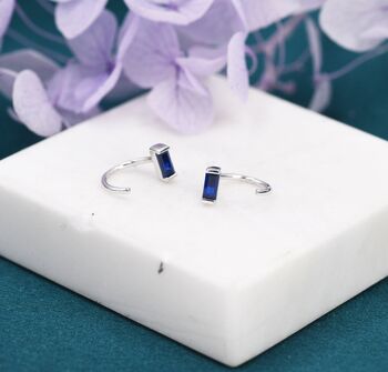 Sterling Silver Sapphire Blue Baguette Cut Cz Huggie Hoop Earrings, 5 of 9