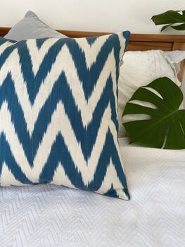 Blue And Cream Zigzag Silk Ikat Cushion, 4 of 7