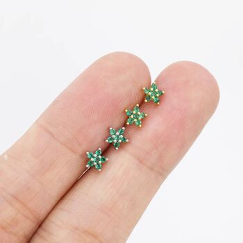 Sterling Silver Emerald Green Flower Cz Stud Earrings, 7 of 12