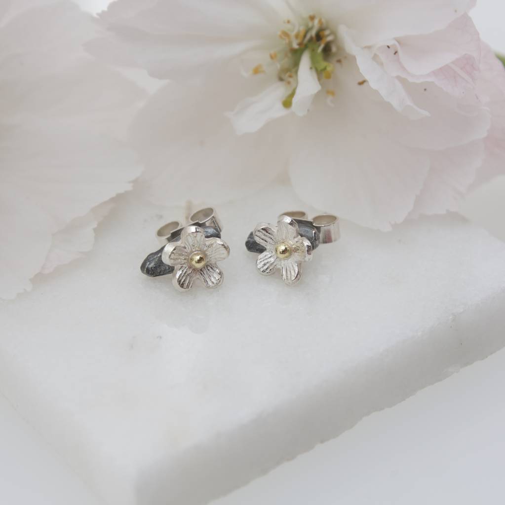 Small Cherry Blossom Earrings Silver And 18ct Gold By Caroline Small Cherry Blossom Earrings Silver And 18ct Gold