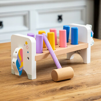 Personalised Sparkle Like A Unicorn Hammer Bench Wooden Toy, 2 of 4