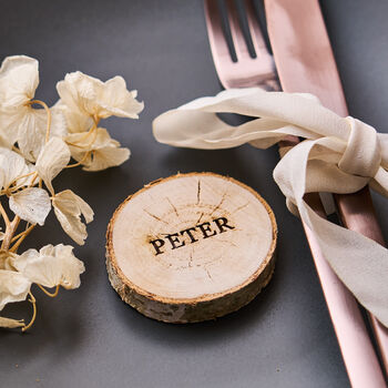Personalised Engraved Log Slice Wedding Place Setting, 5 of 12