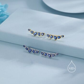Sterling Silver Sapphire Blue Droplet Cz Cluster Crawler Earrings, 2 of 12
