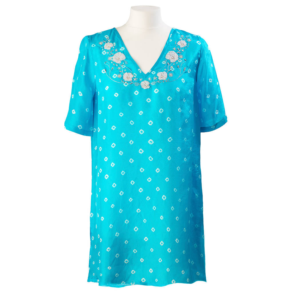 Turquoise Luxury Silk Embroidered Tunic, 1 of 6