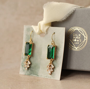 Art Deco Emerald Green Bar Crystal Chrysler Earrings, 5 of 8